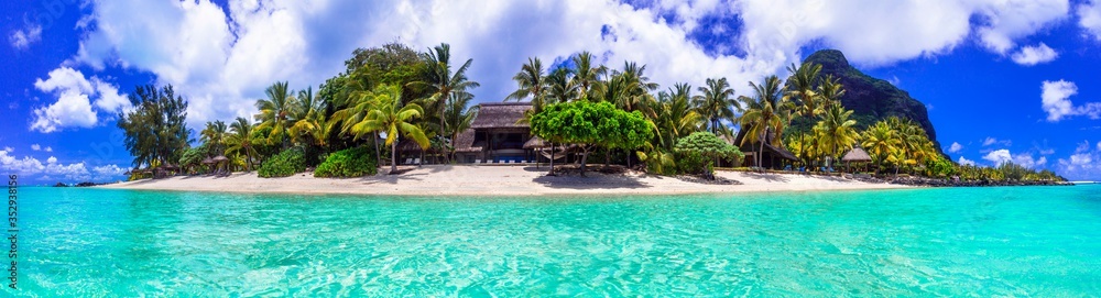 Stunning tropical beach scenery. Paradise island Mauritius, panoramic view of Le Morne beach - obrazy, fototapety, plakaty 