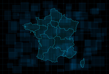 Poster - hud map of the france with regions. cyberpunk futuristic digital dark blue background. editable stro