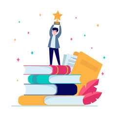 Poster - man getting award in writing. star, writer, feather flat vector illustration. knowledge and educatio