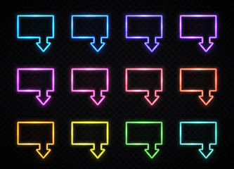 Wall Mural - color neon frame arrow set on dark transparent background. glowing light night sign. bright electric