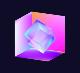Poster - Cube or Rectangular Cuboid Prism in neon holographic colors, showing light refraction effect. Abstract vector illustration for science or technology cover.