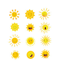 Wall Mural - Cute suns for kids flat icon set. Cartoon sunshine emoji, smiling sunny faces isolated vector illustration collection. Emoticons and spring weather concept