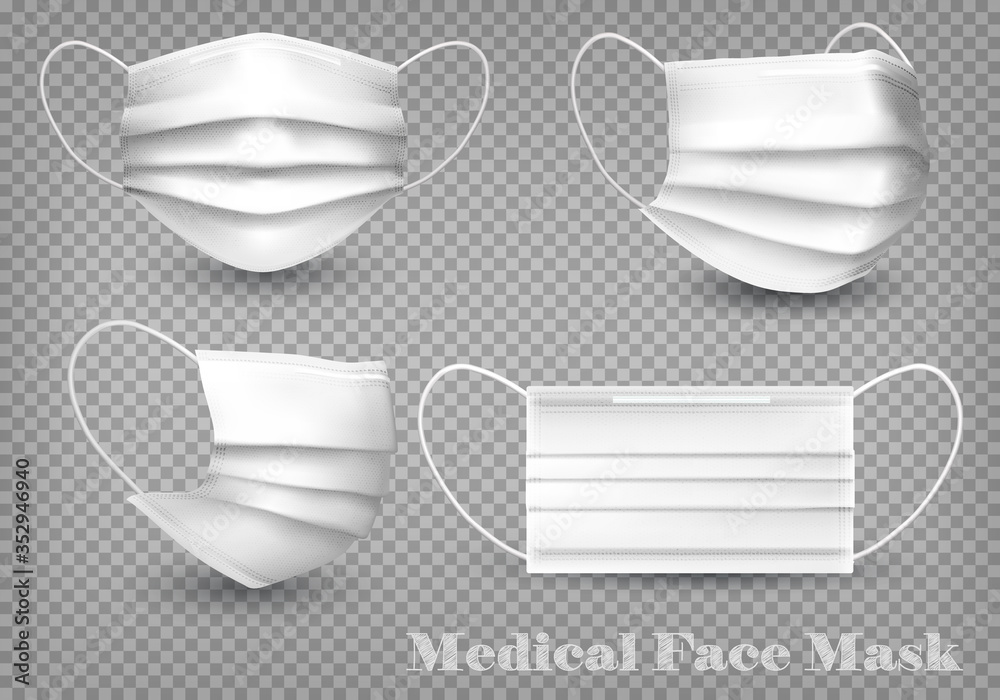 Collection of a white medical face masks isolated on transparent background. To protect from infection and coronavirus Covid -19. Realistic Vector Illustration. - obrazy, fototapety, plakaty 