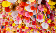 Colorful Background From Paper Fans. Decorative Decoration. Chinese New Year.