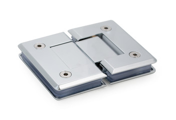 Chrome door hinge for glass door in bathroom, shower enclosure, showcase, glass fitting isolated on a white, closeup.