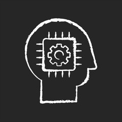 Sticker - Cybernetics chalk white icon on black background. Futuristic science, innovative technology. Artificial intelligence, neural networks. Head with microchip Isolated vector chalkboard illustration