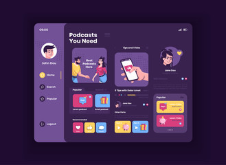 Wall Mural - Popular podcasts tablet interface vector template. Mobile app page night mode design layout. Profile screen. Flat UI for application. Content updates and recommendations on portable device display