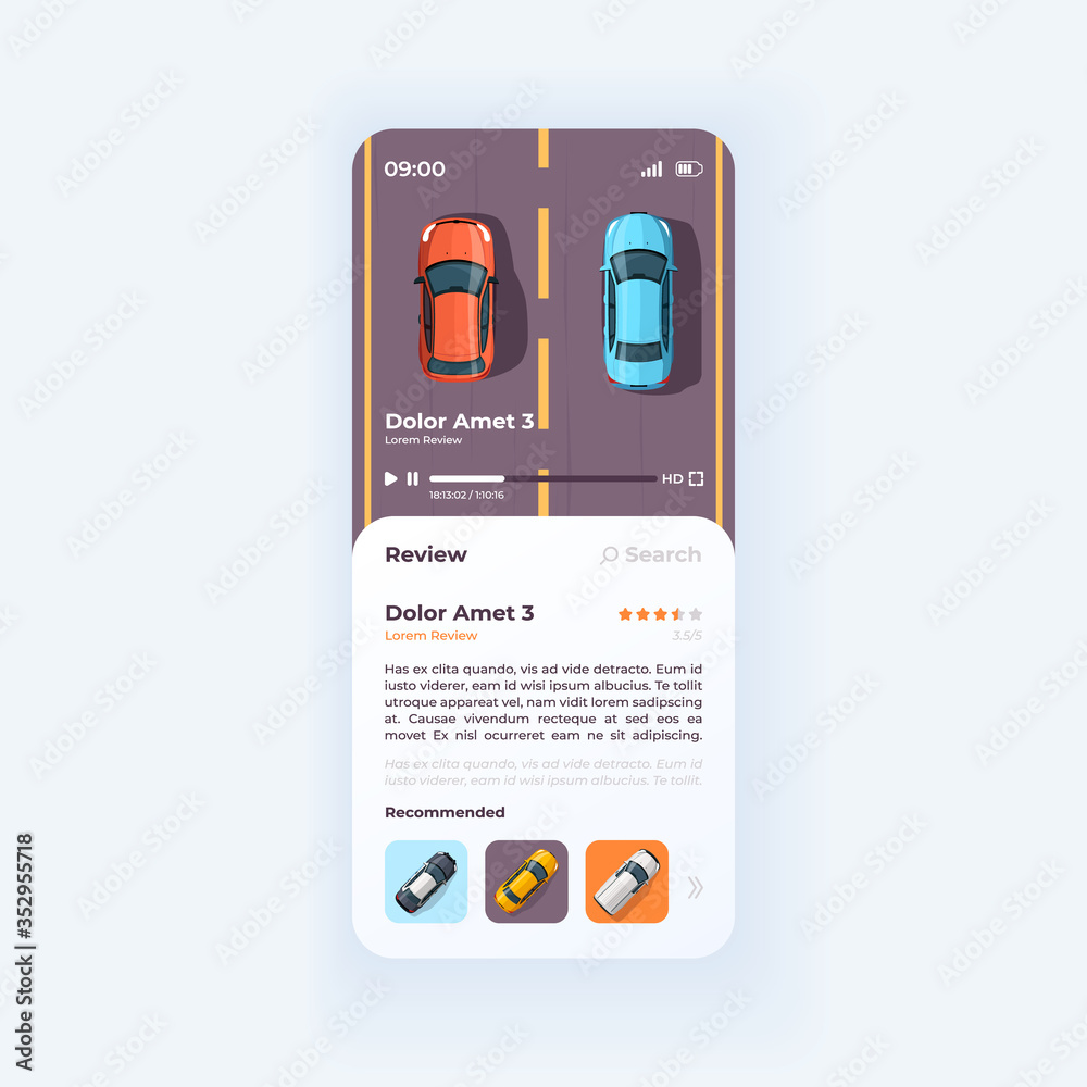 Auto review smartphone interface vector template. Automobile news mobile app page light design layout. Transport preview, presentation screen. Flat UI for application. Cars on phone display - obrazy, fototapety, plakaty 