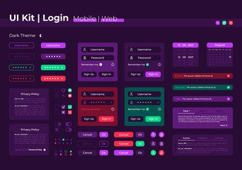 Login UI elements kit. Registration form. System authorization isolated vector icon, bar and dashboard template. Web design widget collection for mobile application with dark theme interface
