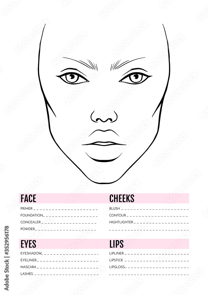 Face chart Blank. Makeup Artist Vector template. Stock Vector | Adobe Stock