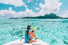 Snorkel Diving Excursion Boat Tour From Yacht Luxury Travel Influencer Going Swimming In Coral Reefs Of Tahiti, French Polynesia Bora Bora Island.