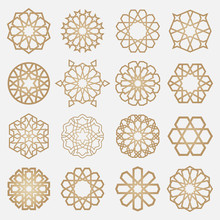 Vector Set Of Logo Design Templates. Symbols In Ornamental Arabic Style. Ornate Decor For Invitation, Greeting Card, Wallpaper, Background, Web Page.