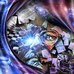 Wall Mural - Man face in surreal space. Warped dimension and time