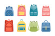 Set of school backpacks in different colors. Collection of sport trendy bags. Cartoon flat vector illustration of travel back packs.