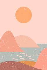 Fototapeta Abstract contemporary aesthetic background with seascape, mountains, Sun, sea. Earth tones, terracotta pastel colors. Boho wall decor. Mid century modern minimalist art print. Organic shapes.