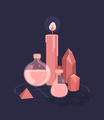 Set for witches magic ritual. Witchcraft around candles, crystals, and bottles of potion and poison. Flat vector illustration.