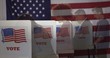 © vesperstock - Profile, medium shot, men and women, various ethnicities, in polling station, semi-transparent as they vote in booths during election with US flag in background.