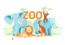 Zoo Flat Web Banner. Group Of Cartoon Animals On White Horizontal Cover Or Social Media Header. Ostrich Giraffe Tiger Raccoon Peacock Simple Nature Poster, Exotic Animal Vector Card. Children Postcard