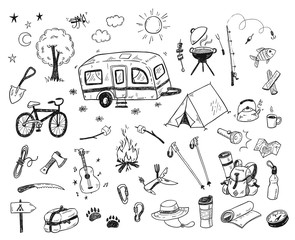 Wall Mural - hand drawn doodle camping vector elements, icons set with bonfire, adventure, hiking and touristic e