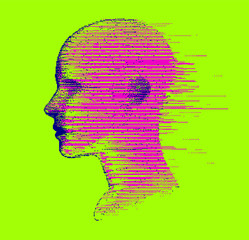 Aufkleber - Artificial intelligence and Psychological profiling concept. Human head with glitched pixels, distorted profile of a woman made of square particles.