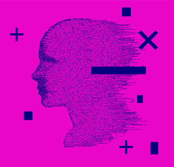 Wall Mural - Artificial intelligence and Psychological profiling concept. Distorted profile of a woman made of particles. Vaporwave and cyberpunk style collage made in pixel art technique.