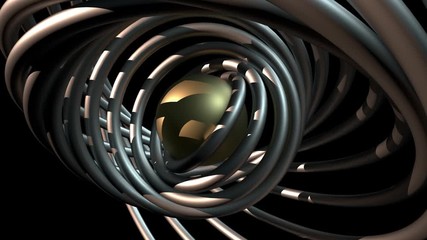 Poster - 3D animation with alpha channel. Abstract geometric rings and a Golden sphere in the center. Concentric rings move randomly and beautifully. Animation with the ability of continuous playback.