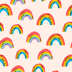 Aufkleber - Trendy colorful aesthetic rainbows seamless pattern. 90s abstract background. Bright simple scandinavian poster for nursery, fashion