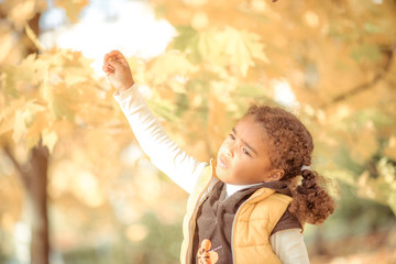 happy little child, baby girl laughing and playing in the autumn on the nature walk outdoors.