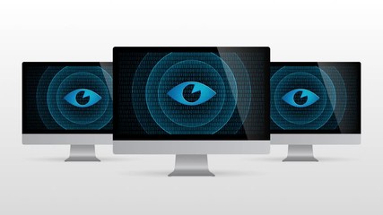 Wall Mural - Computer device with biometric identification. Realistic desktop monitor with Eye symbol in screen and light gradient background.