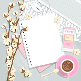 Fototapeta  - women's business frame. A warm flatlay in pink, grey and beige with a cotton branch, a Cup of coffee, a phone and a keyboard.