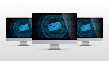 Poster - Computer device with email. Realistic desktop monitor with Mail symbol in screen and light gradient background.