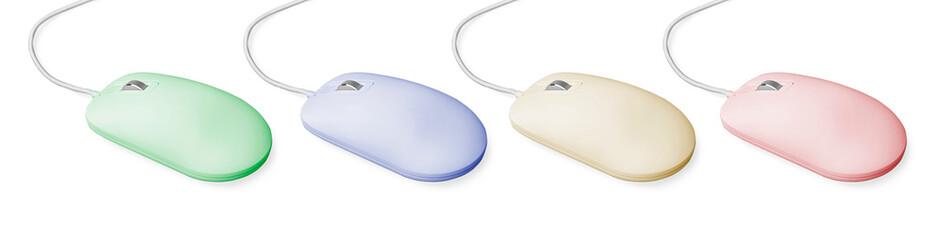 modern computer mouse on white background, different color variants. banner design