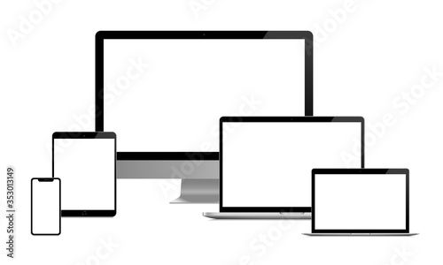 Cuadros en Lienzo Big set of modern devices: smartphone, tablet, computer display, laptop and ultralight notebook with blank white screen