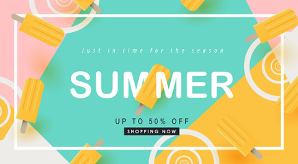 Wall Mural - Summer sale design with pretty yellow ice cream Color background layout banner .Vector illustration template.