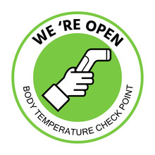 We're Open Again After Quarantine, Vector Illustration Of Small Business Owner. Check Body Temperature Before Entering Public Area To Fight Against Coronavirus In Flat Style, COVID-19 Outbreak,vector
