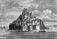 The Mont Saint Michel Island, Vintage Illustration.