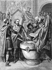 Poster - William making Harold swear on the relics, vintage illustration.