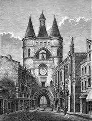 Wall Mural - Tower of the old City Hall of Bordeaux, known as the Grosse Cloche Tower, vintage illustration.