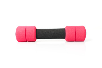 A Soft dumbbells in black and pink foam isolated on white background, bodybuilding equipment with light weight for woman. Physical exercise and aerobics activity, sport and object concept