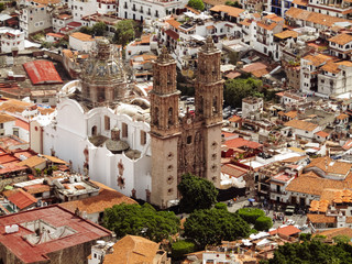 Panoramic view of a colonial church of Santa Prisca, in Taxco de Alarcon, Guerrero, Mexico.