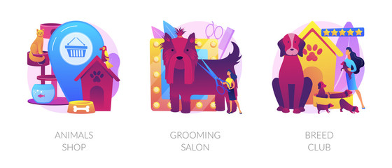 Wall Mural - Luxury domestic animals toys and care products store. Professional groomer services. Animals shop, grooming salon, breed club metaphors. Vector isolated concept metaphor illustrations