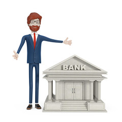 Banking Concept. Cartoon Character Businessman near Bank Building. 3d Rendering