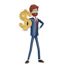Aufkleber - Cartoon Character Businessman with Golden Dollar Sign Symbol in Hand. 3d Rendering