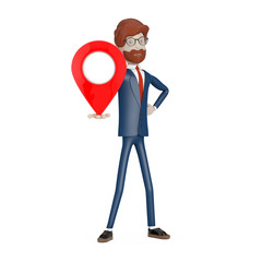 Leinwandbilder - Navigation Concept. Cartoon Character Businessman with Red Map Pointer Pin in Hand. 3d Rendering