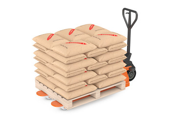 Aufkleber - Hand Pallet Truck Jack with Stack of Paper Sacks Cement Bags. 3d Rendering
