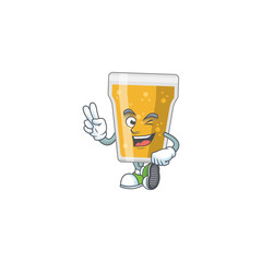 Sticker - smiling mug of beer cartoon mascot style with two fingers