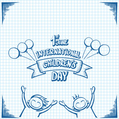 1 june international childrens day cartoon doodle style banner background. happy Children day greeting cad, icon or label. Cartoon kids day poster. Children day hand drawn banner design