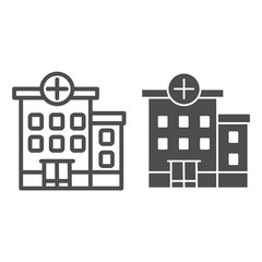 Poster - Hospital line and solid icon, healthcare concept, hospital building sign on white background, building with cross icon in outline style for mobile concept and web design. Vector graphics.