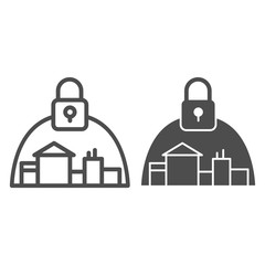 Poster - Town and padlock line and solid icon, coronavirus epidemic concept, city locked down because of virus sign on white background, quarantine for protection of coronavirus disease icon, outline. Vector.
