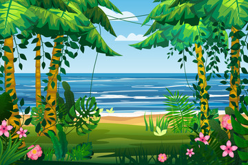 Wall Mural - Tropical island sea ocean exotic jungle, palm trees flora, flowers, beach, surf. landscape